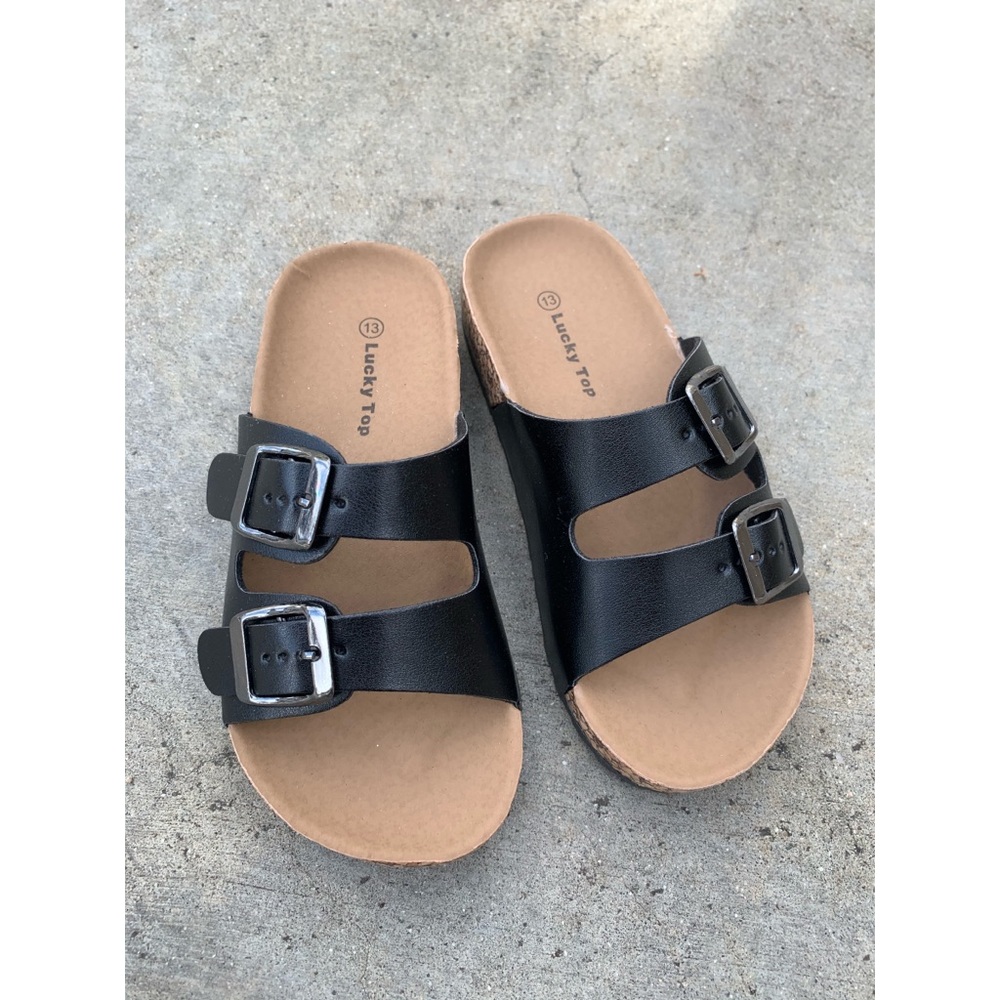 Kids Black Buckle Birks Slides